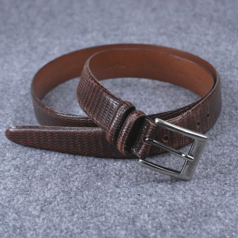 Trafalgar Lizard Embossed Leather Belt Mens 38 Brown Silver Buckle Made in USA